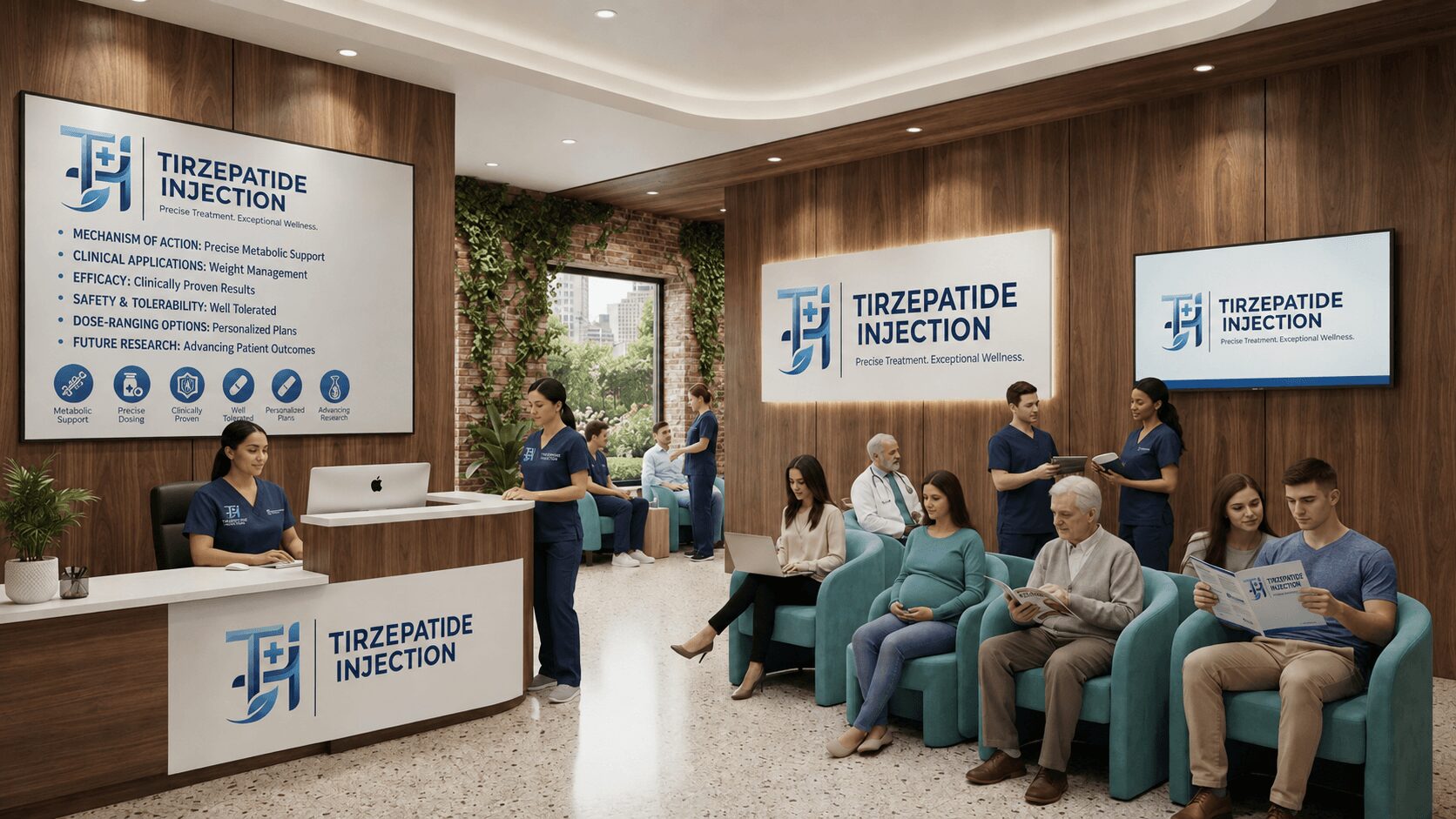 Modern clinic reception and waiting area featuring tirzepatide injection signage and patients with healthcare staff.