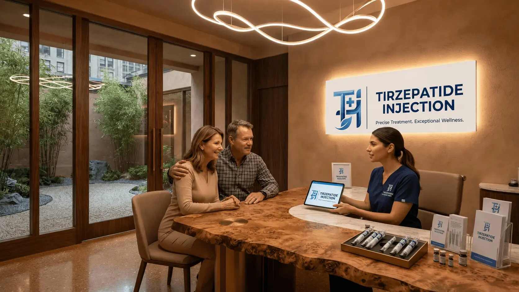 Couple consulting a healthcare professional about tirzepatide injection treatment.