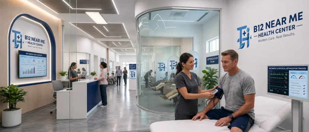 Healthcare professional checking a man’s blood pressure at a modern B12 health center.